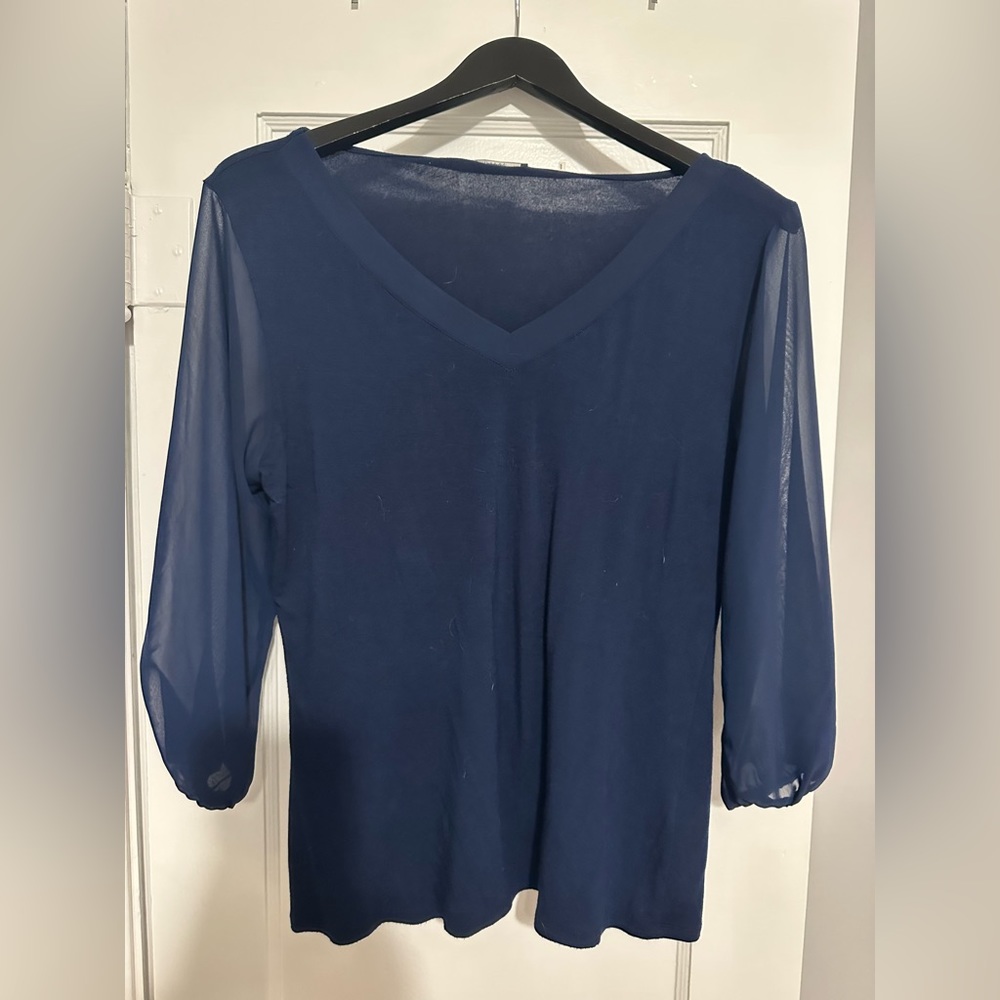 Tahari Navy Blouse Sheer Sleeves M